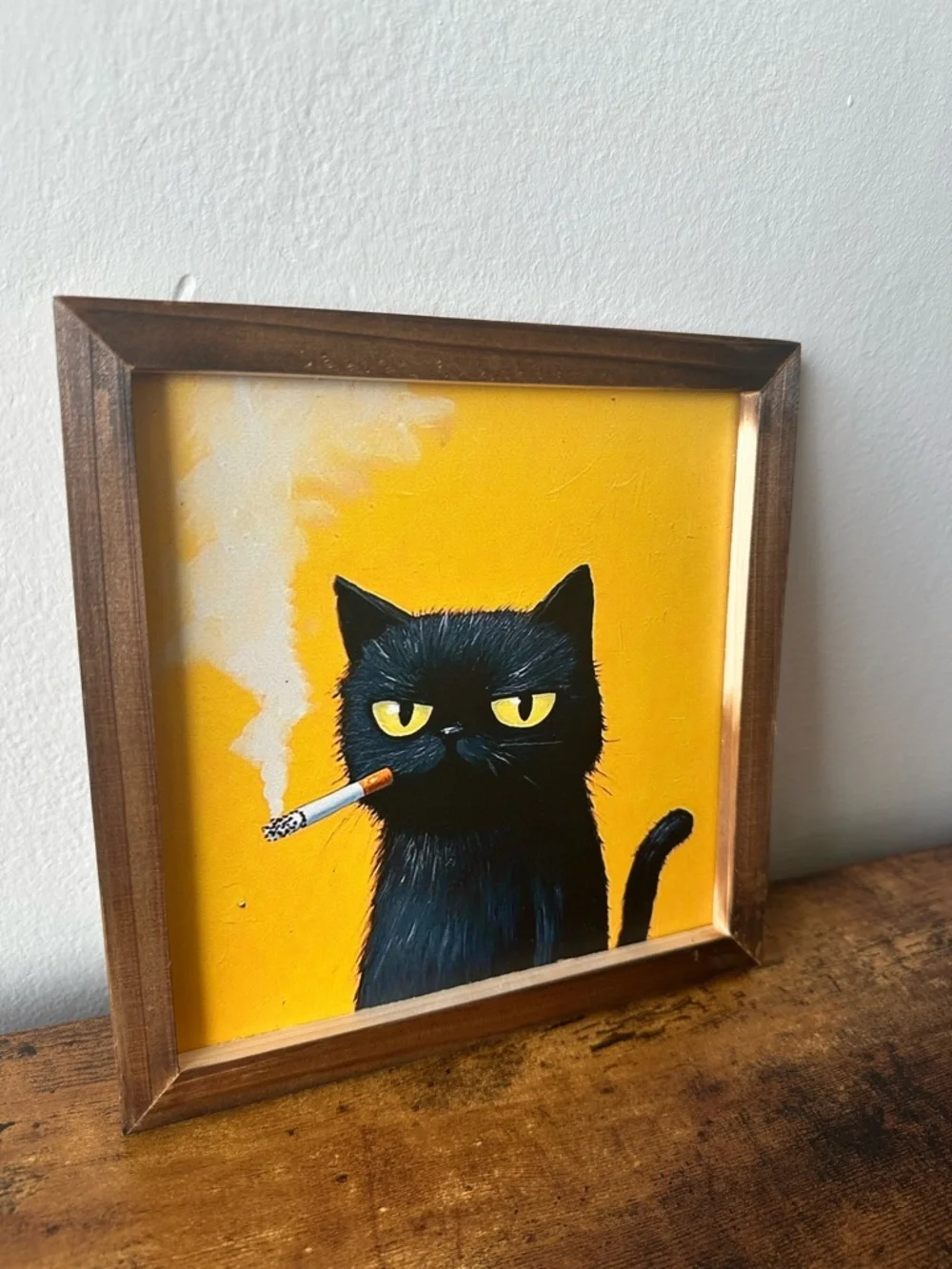 Framed Black Cat Smoking Art Wooden Wall Decor on Yellow Back 8x8” NEW - Picture 3 of 6